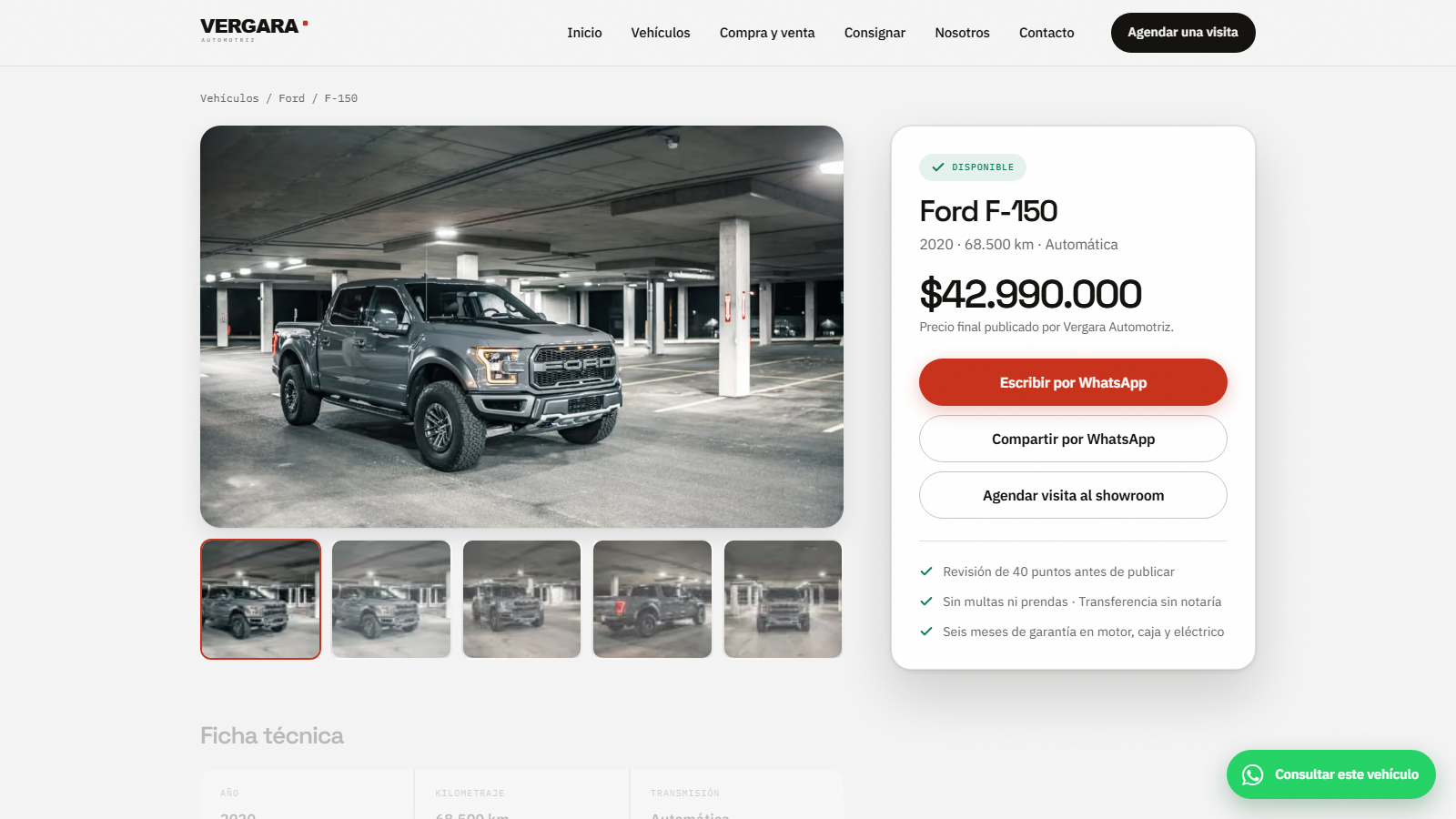 Ficha de vehículo con precio final, especificaciones y acciones de contacto