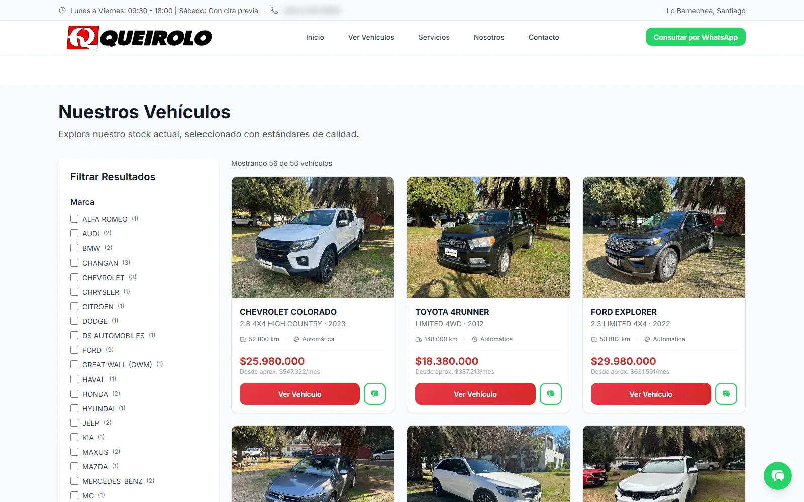 Catálogo de vehículos de Queirolo Autos con filtros